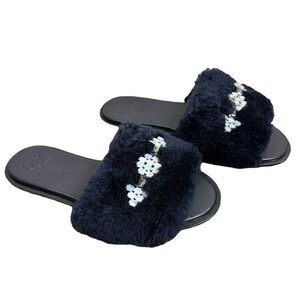Tory Burch Aspen Shearling Slide Sandal Navy Blue Size 8